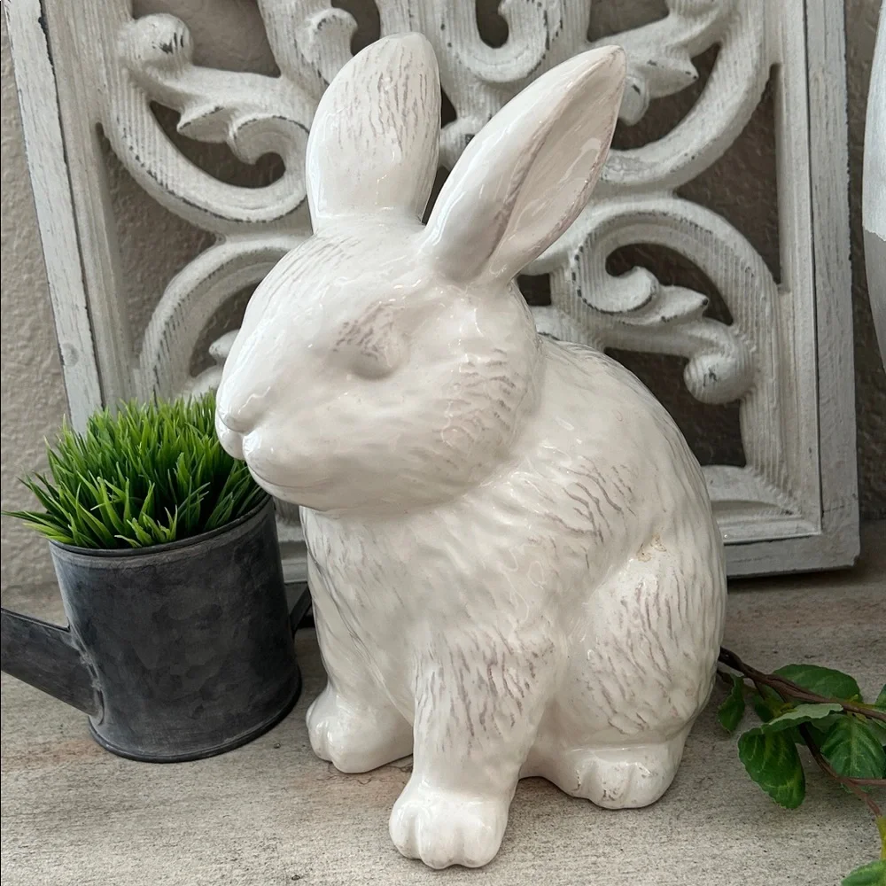Farmhouse Shabby Chic Cottage Easter Creamy White Ceramic Bunny Figurine decor